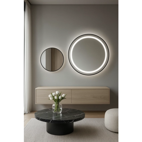 Zestaw okrągłych luster piaskowanych w ramie czarnej MDF SLIM z podświetleniem STELLA LED - kolor ramy do wyboru